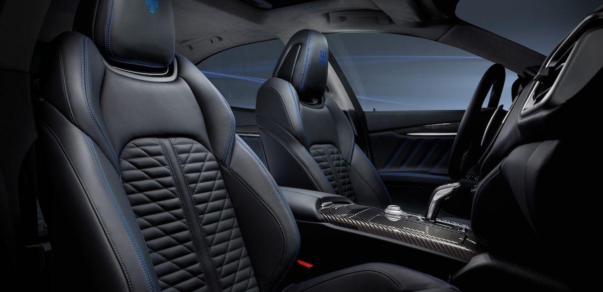 Interior of Maserati with black leather seats